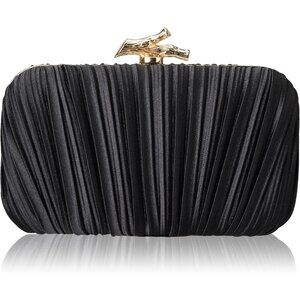 Women's Wedding Evening Black Fabric Clutch Sparkly Detachable Chain Hand Bag